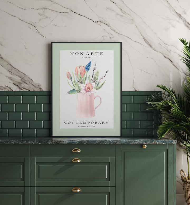 Non Arte Green Flower Vase By Rikke Londager Boisen Botanical Art Prints in Black Plain Frame placed on a Shelf in the Kitchen