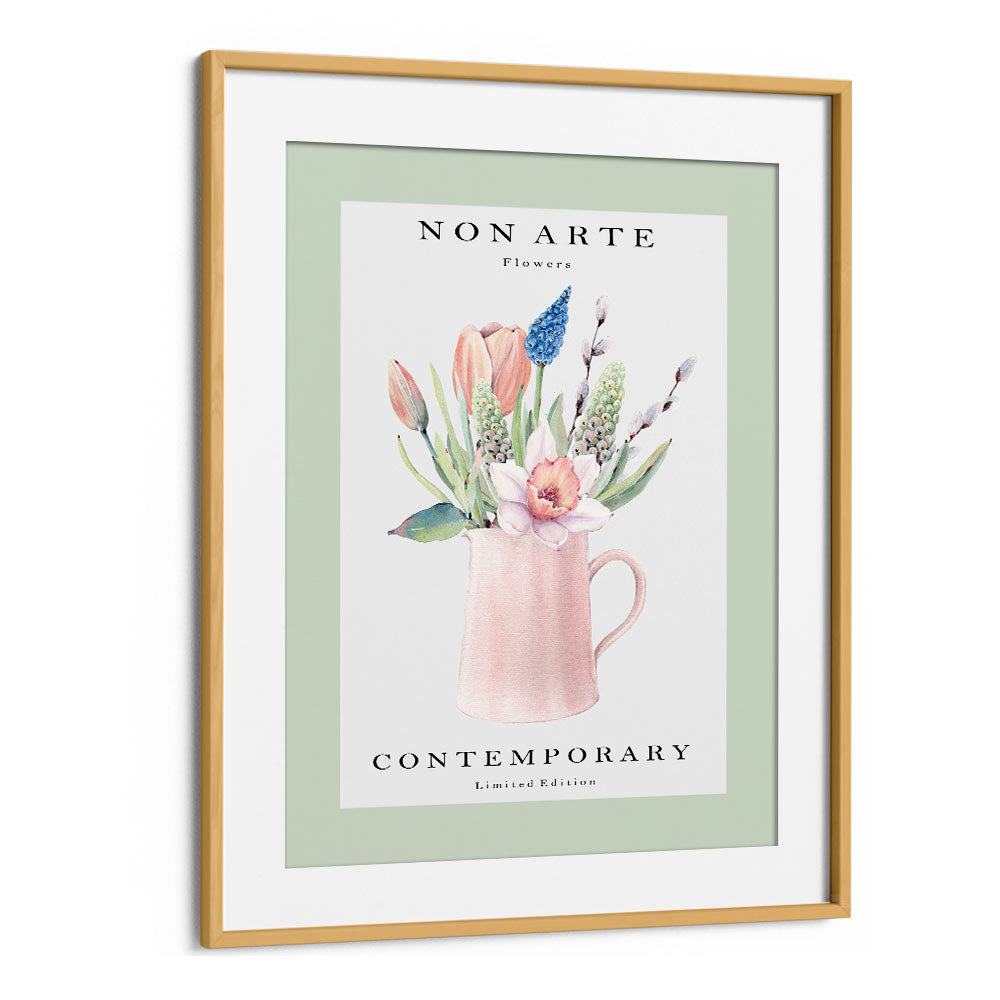 Non Arte Green Flower Vase By Rikke Londager Boisen Botanical Art Prints in Oak Wood Frame With Mount