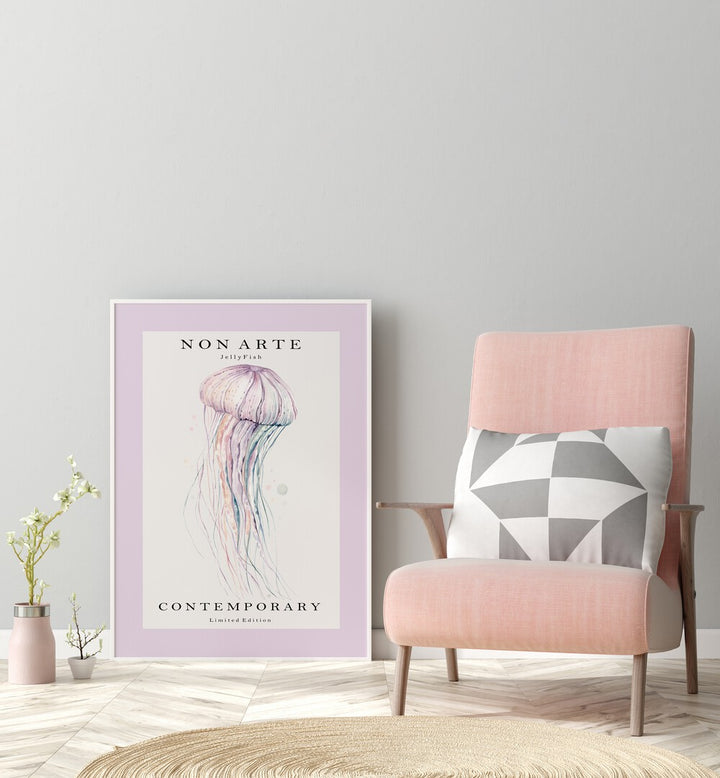 Non Arte Jellyfish By Rikke Londager Boisen Beach Prints in White Plain Frame placed on the floor near a Grey Colored Wall in the Drawing Room