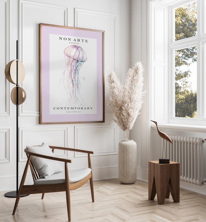 Non Arte Jellyfish By Rikke Londager Boisen Beach Prints in Oak Wood Plain Frame placed on a White Colored Wall in the Drawing Room