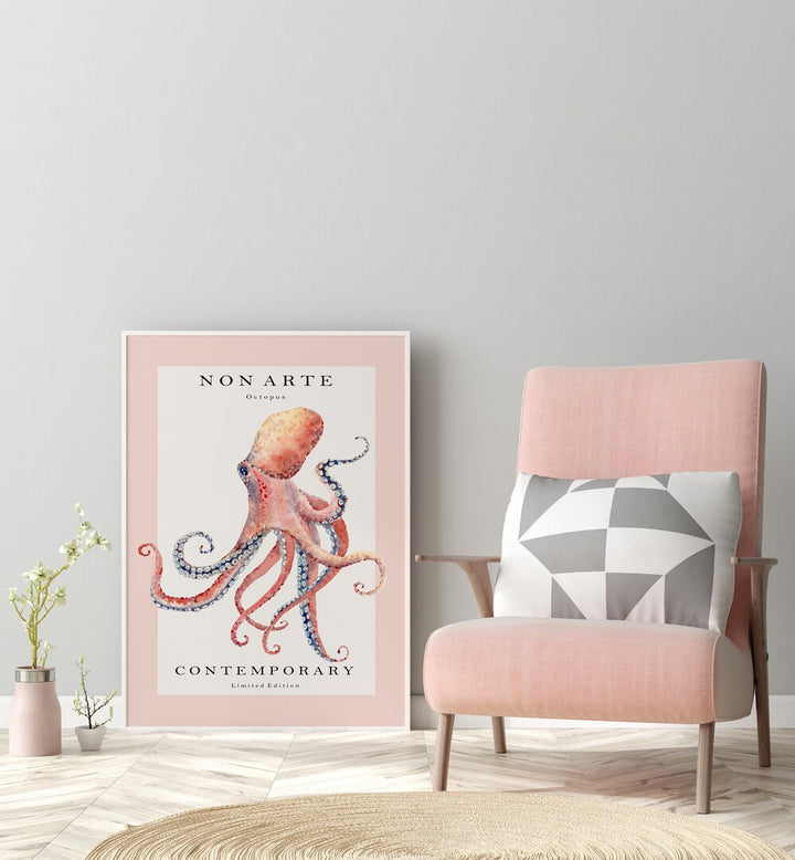 Non Arte Octopus By Rikke Londager Boisen Beach Prints in White Plain Frame placed on the floor near a Grey Colored Wall in the Drawing Room