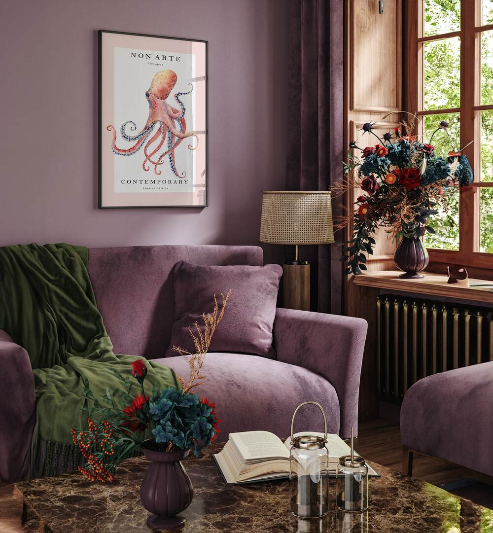 Non Arte Octopus By Rikke Londager Boisen Beach Prints in Black Plain Frame placed on a Purple Colored Wall near a Purple Sofa in the Living Room