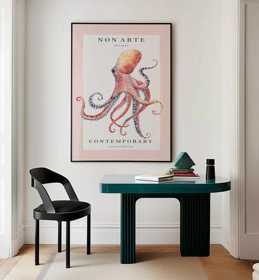 Non Arte Octopus By Rikke Londager Boisen Beach Prints in Black Plain Frame placed on a Cream Colored Wall near a Workspace Table in the Drawing Room