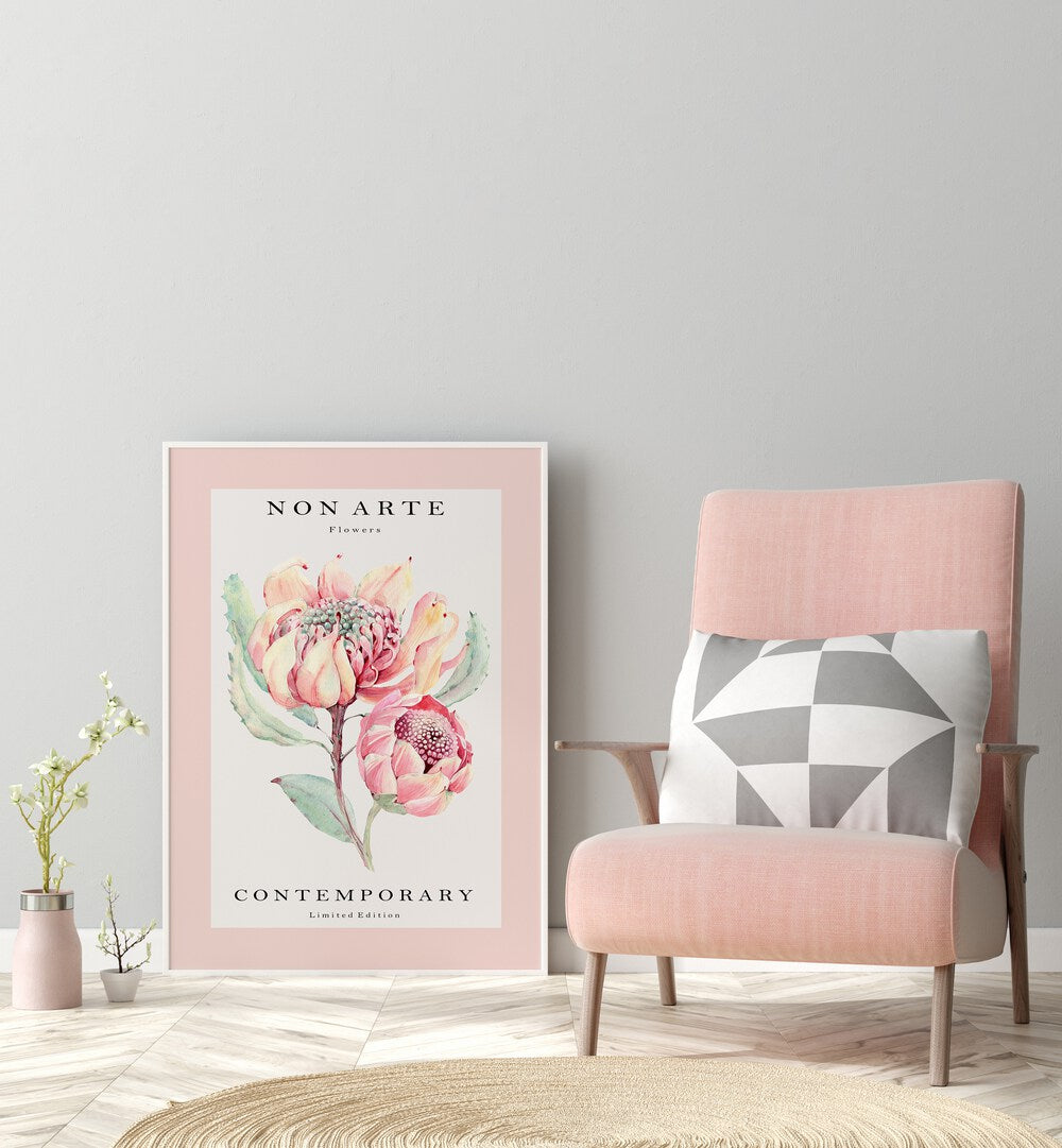 Non Arte Rose Flower By Rikke Londager Boisen Botanical Art Prints in White Plain Frame placed on the floor near a Grey Colored Wall in the Drawing Room