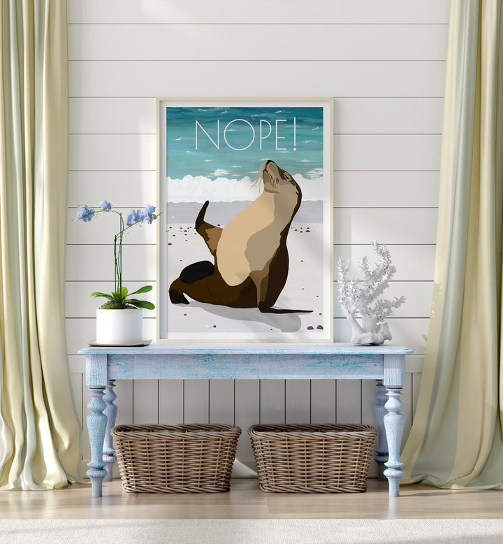 Nope Wildlife Paintings Wildlife Posters in Oak Wood Plain Frame placed on a Console Table near a White Wooden Textured Wall in the Alley Way