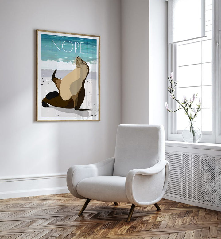 Nope Wildlife Paintings Wildlife Posters in Oak Wood Plain Frame placed on a White Colored Wall near a White Sofa Chair in the Drawing Room