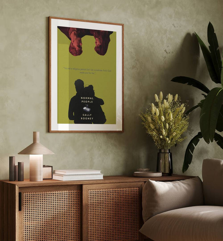 Normal People By Grishma Korjani Movie Posters in Oak Wood Frame With Mount placed on a Green Colored Wall above a Console Table 