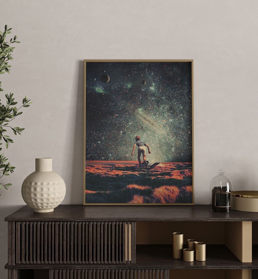 Nostalgia By Frank Moth Surreal Art Prints Surrealism in Oak Wood Plain Frame placed on a console table 