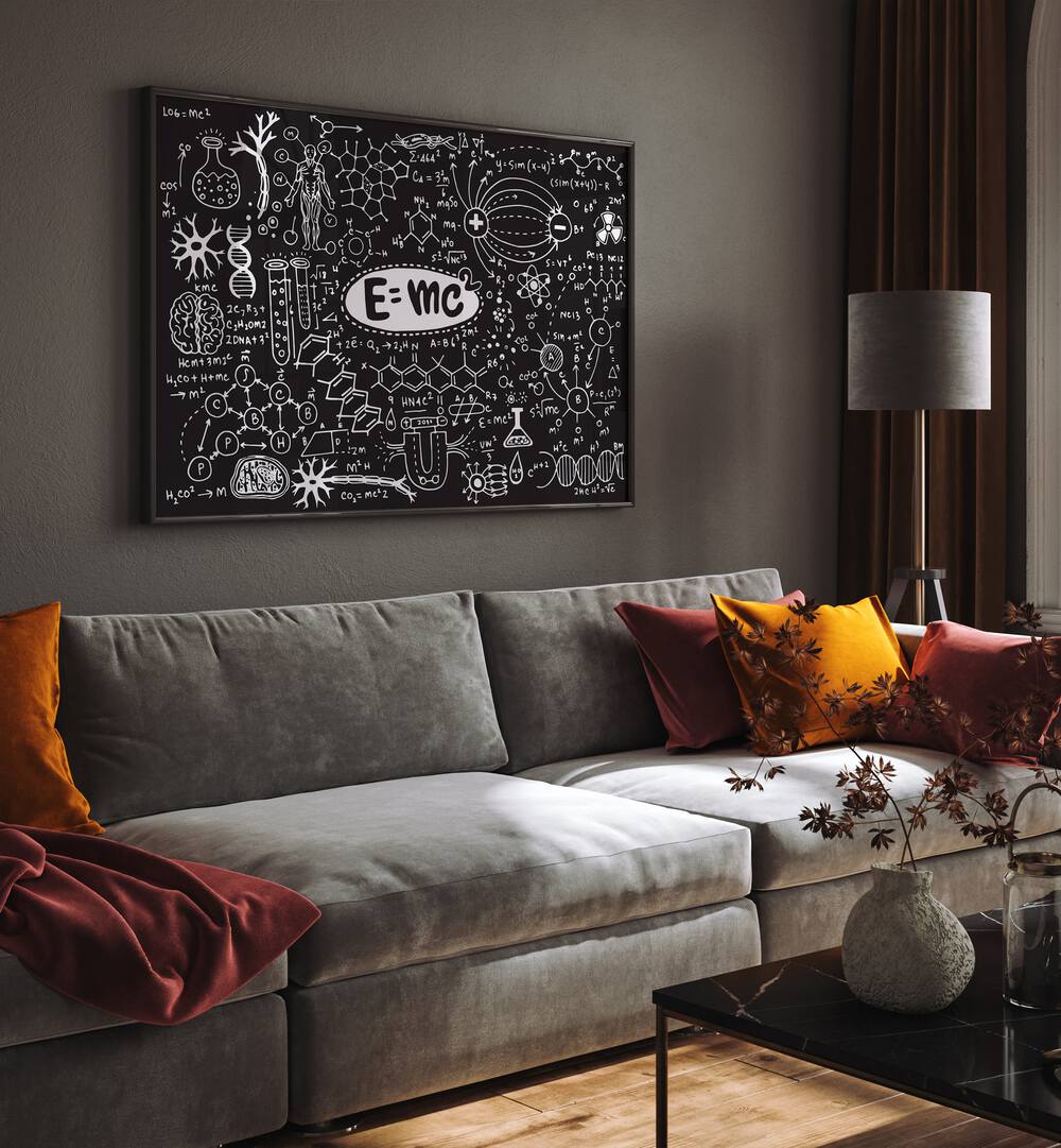 Nothing But Science Doodle Art Painting in Black Plain Frame it is placed on the wall behind the sofa