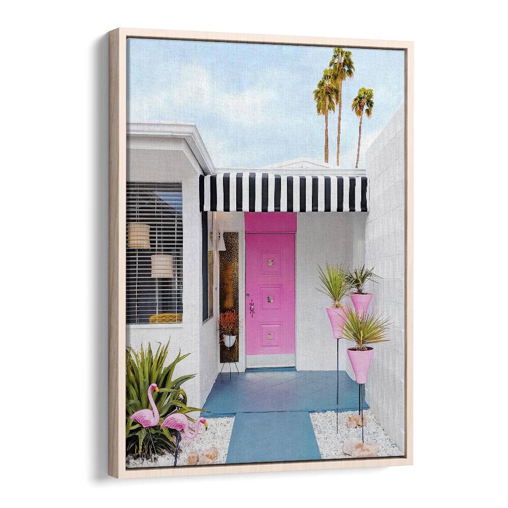 surreal painting - PINK DOOR WITH YARD FLAMINGOS by Asianmonk