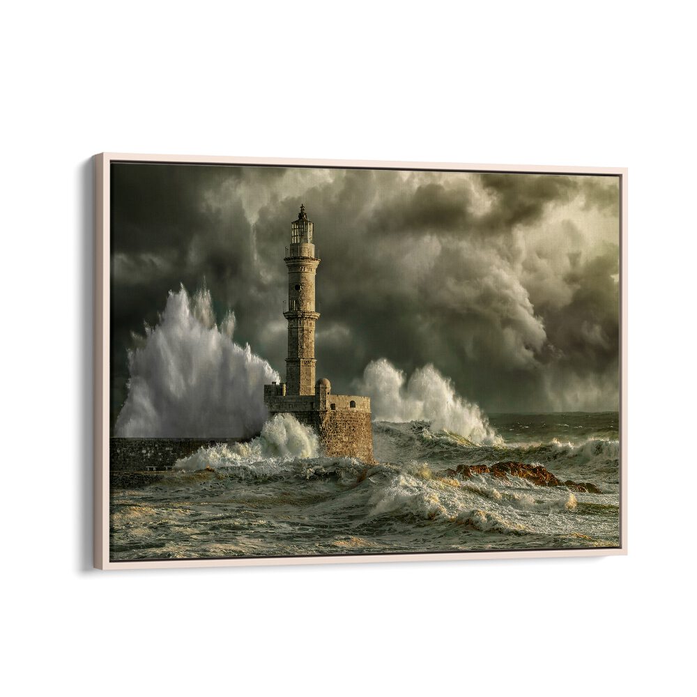 Breathtaking CHANIA STORM photography prints showcasing a lighthouse amidst powerful waves, perfect for nature lovers.