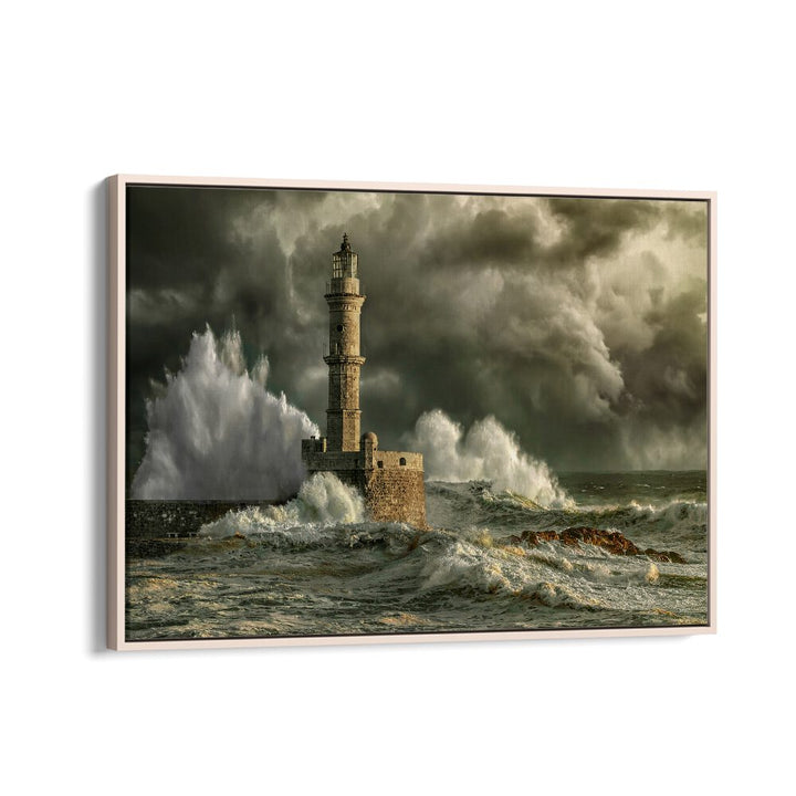 Breathtaking CHANIA STORM photography prints showcasing a lighthouse amidst powerful waves, perfect for nature lovers.