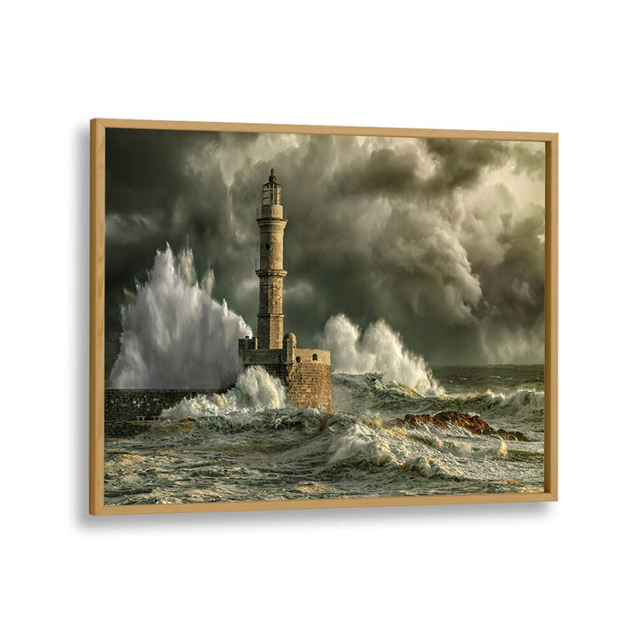 Stunning CHANIA STORM photography prints showcasing waves crashing against a lighthouse, perfect for nature lovers.