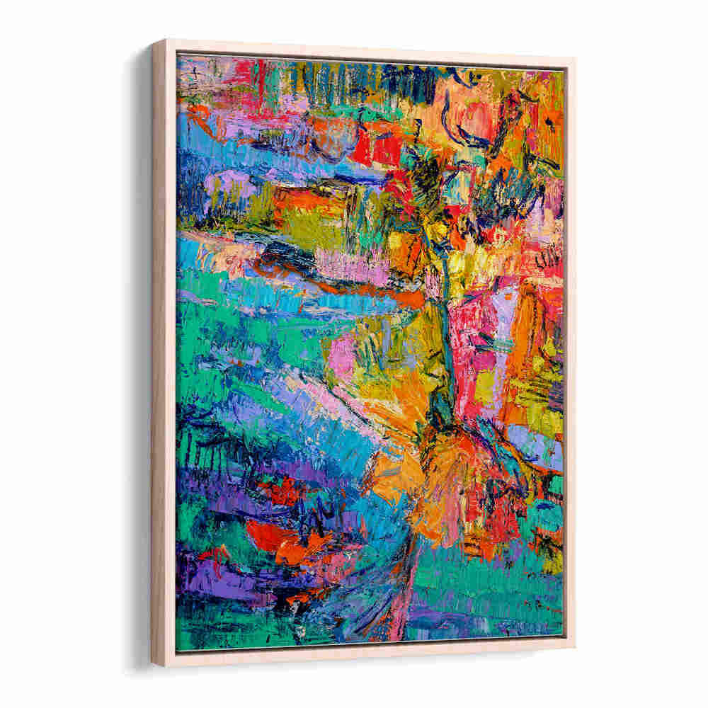 Oakwood ABSTRACT COLOR PALETTE , ABSTRACT PAINTINGS vibrant floater-framed canvas with teal, orange, pink strokes