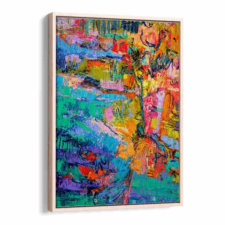 Oakwood ABSTRACT COLOR PALETTE , ABSTRACT PAINTINGS vibrant floater-framed canvas with teal, orange, pink strokes