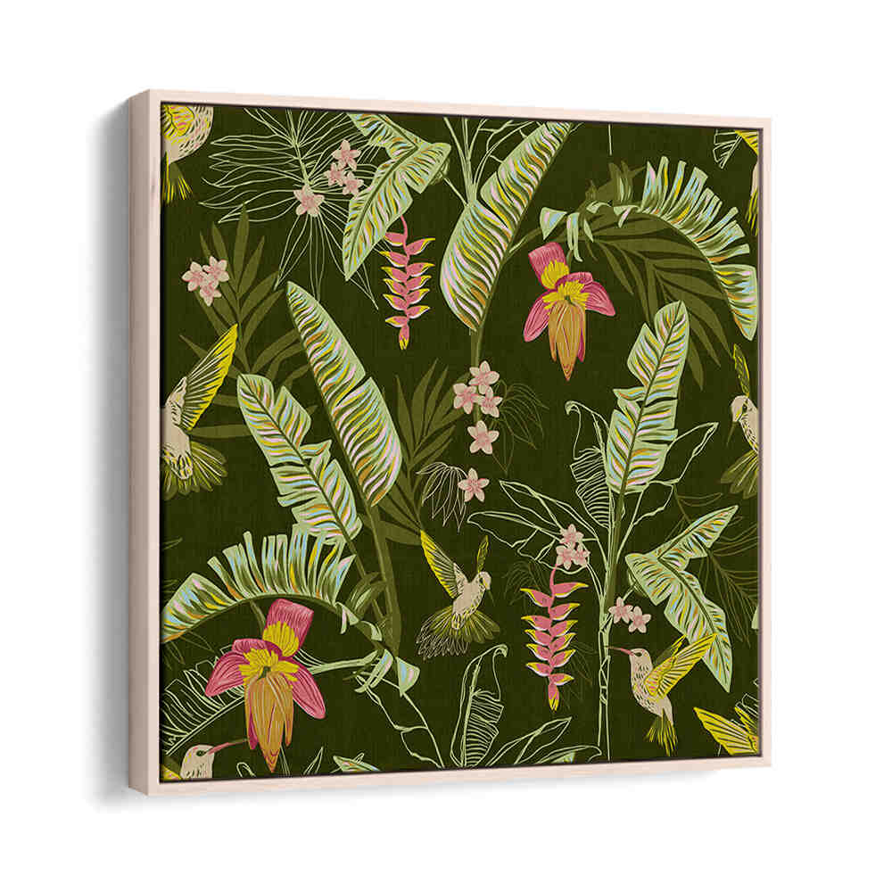 BANANA LEAVES AND HUMMINGBIRDS , FLORAL FLOWER PAINTINGS