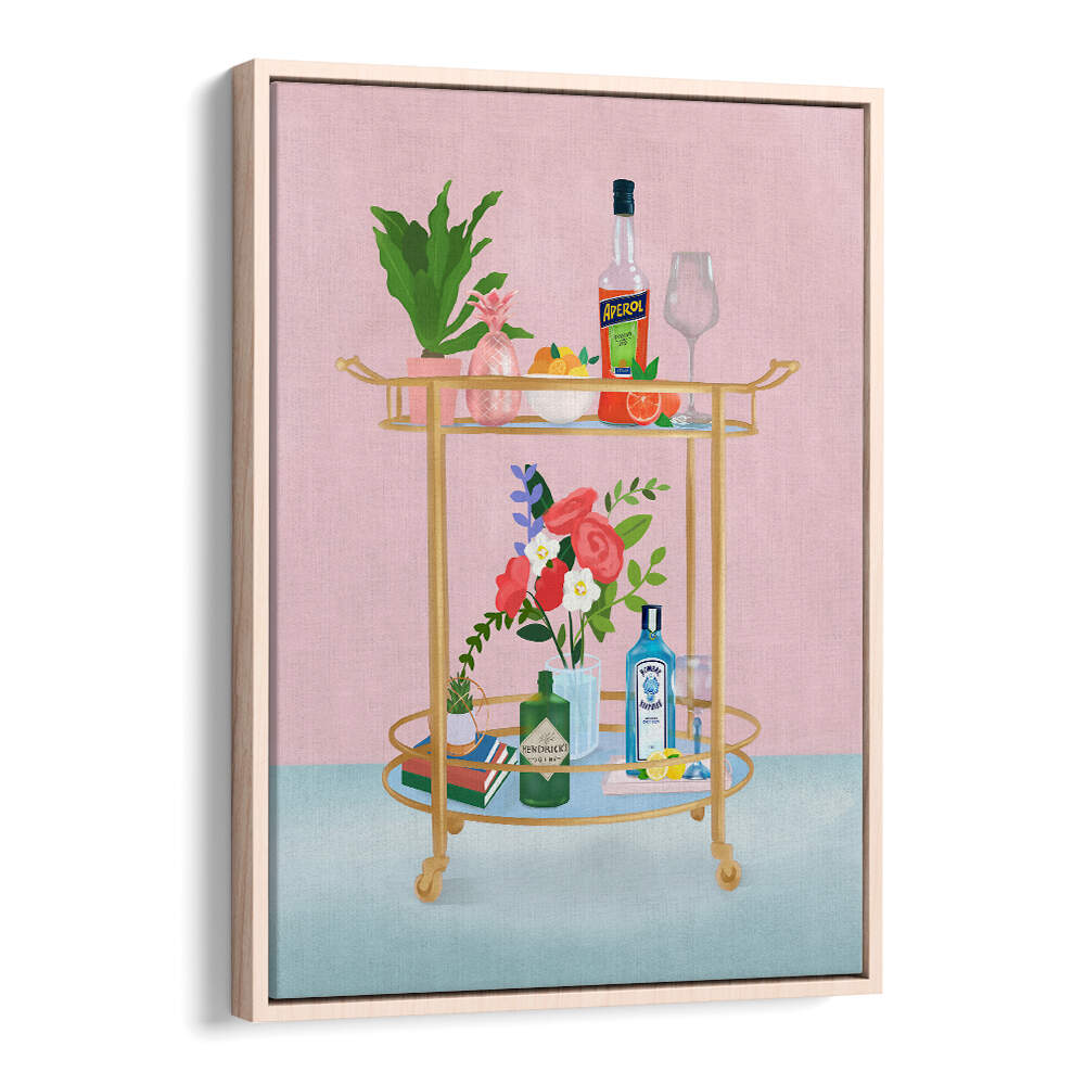 BAR CART , BAR art print by Oakwood Floater – pink backdrop bar cart with bottles and flowers