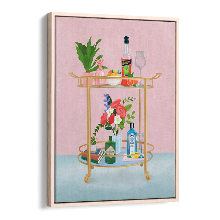 BAR CART , BAR art print by Oakwood Floater – pink backdrop bar cart with bottles and flowers