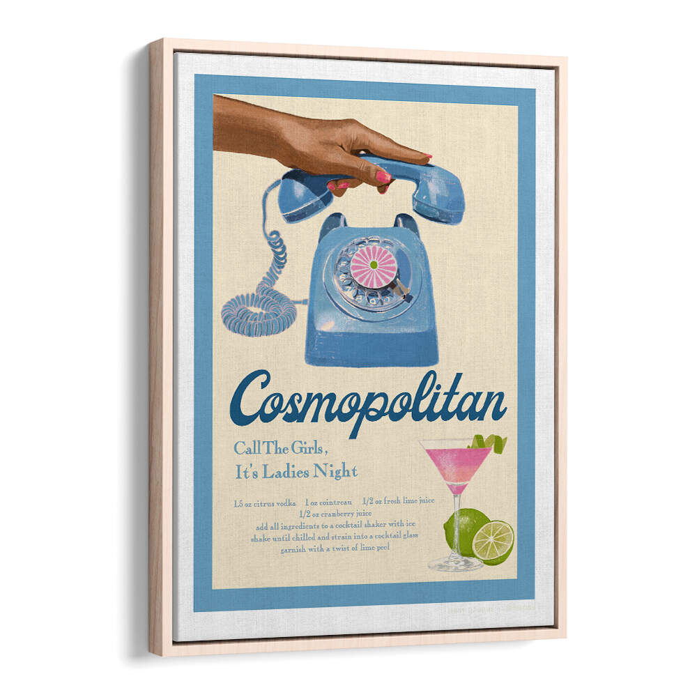 Vintage-inspired BLUE COSMO, FASHION POSTERS featuring a retro phone and cocktail for stylish decor. Perfect for any space.