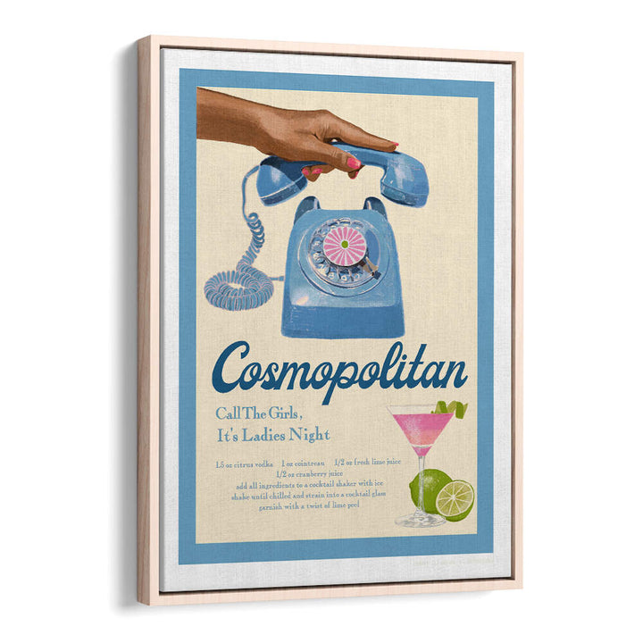 Vintage-inspired BLUE COSMO, FASHION POSTERS featuring a retro phone and cocktail for stylish decor. Perfect for any space.