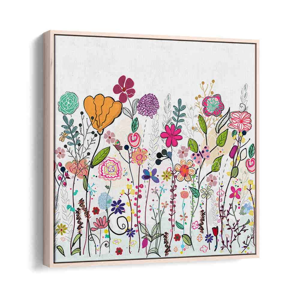COLORFUL WILDFLOWERS , KIDS ROOM PAINTINGS in Oakwood floater frame with bright whimsical wildflower art for a child's room