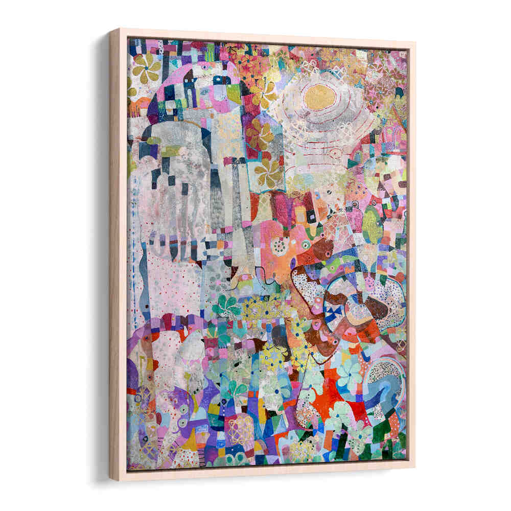 COVID SPRING , ABSTRACT PAINTINGS vibrant textured collage in Oakwood Floater frame with pastel blooms, layered color fields and gestural brushwork