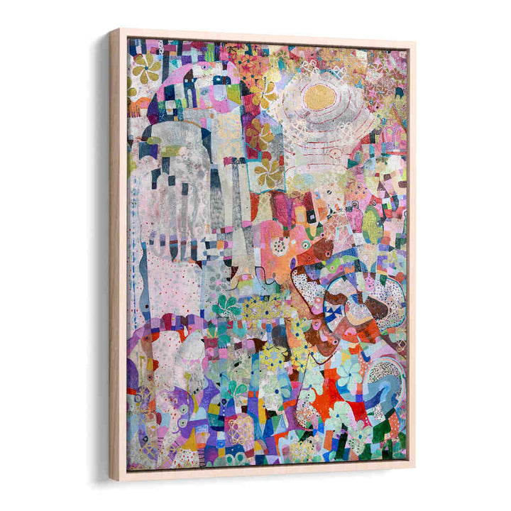COVID SPRING , ABSTRACT PAINTINGS vibrant textured collage in Oakwood Floater frame with pastel blooms, layered color fields and gestural brushwork