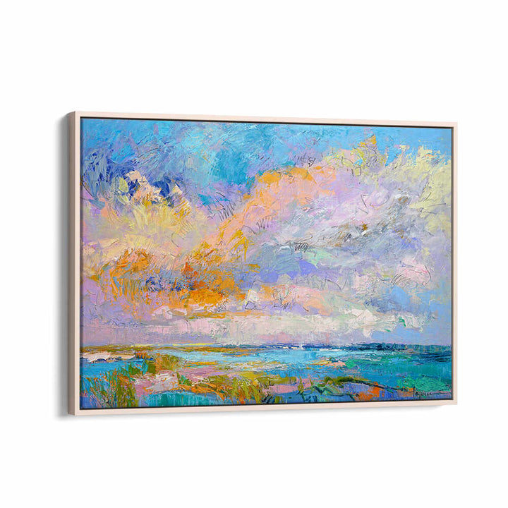 Oakwood framed coastal scene with vivid sky and textured brushwork, COLORFUL , LANDSCAPE PAINTINGS