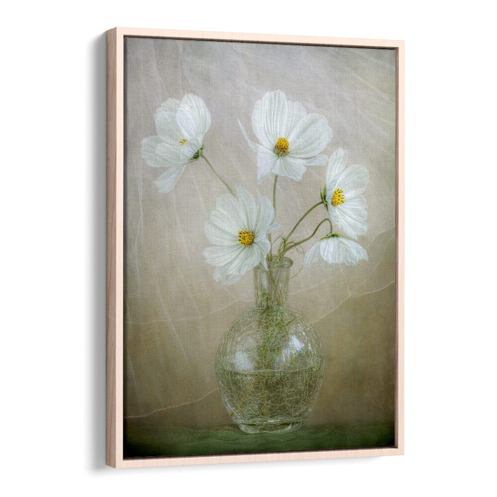 COSMOS BREEZE, FLORAL FLOWER PAINTINGS showcase elegant white flowers in a stylish vase, perfect for vibrant decor.