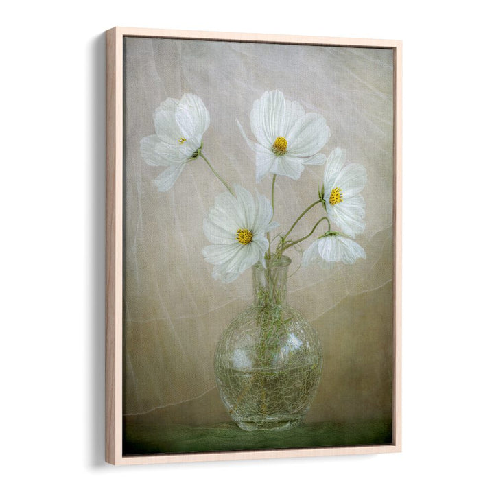 COSMOS BREEZE, FLORAL FLOWER PAINTINGS showcase elegant white flowers in a stylish vase, perfect for vibrant decor.