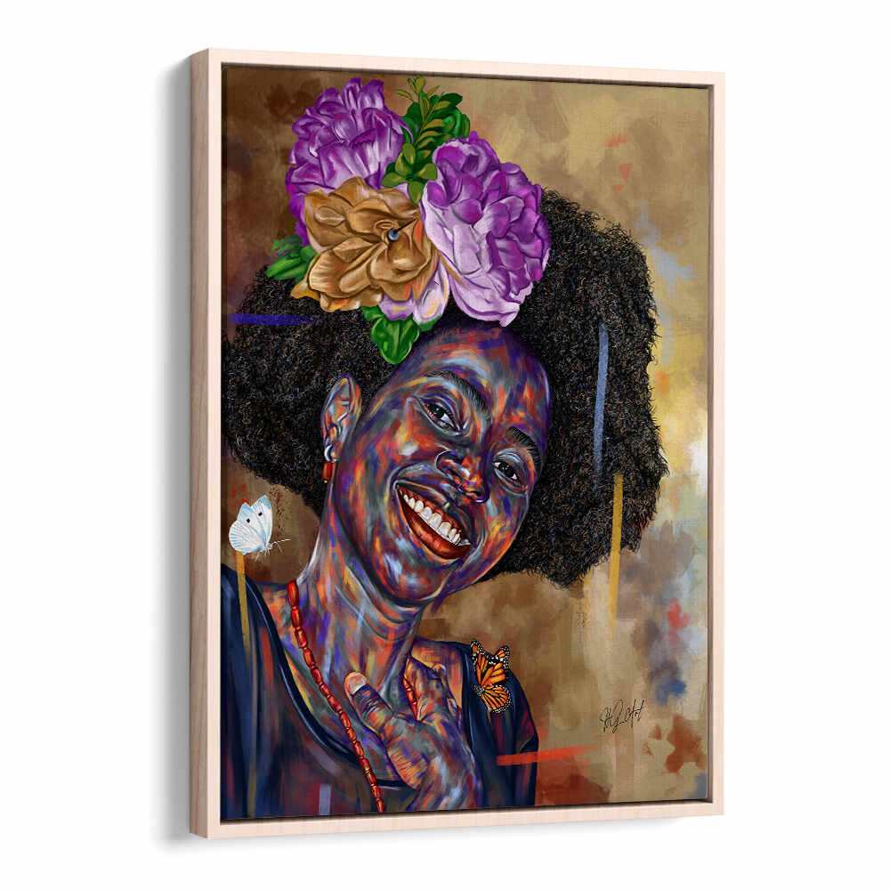 GOOD FEELINGS , PORTRAITS vibrant figurative portrait of smiling Black woman with flowers and butterflies Oakwood