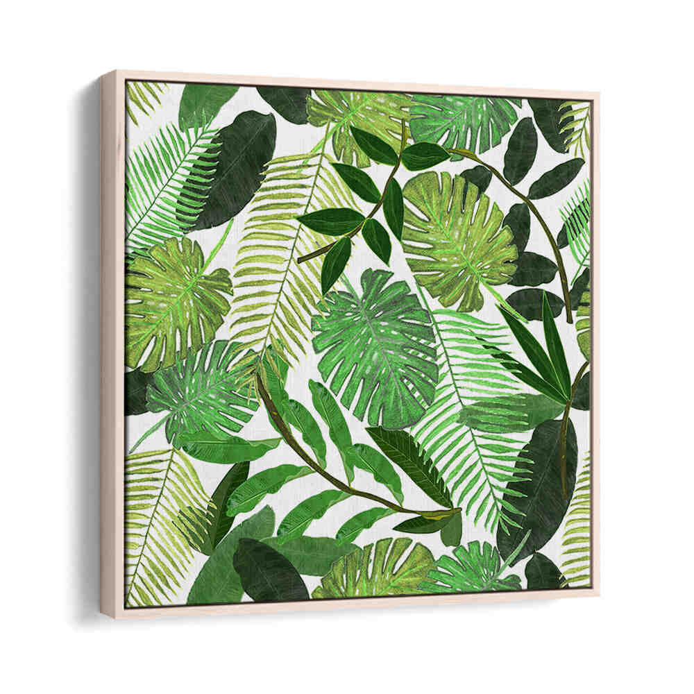 Oakwood GREEN TROPICAL WATERCOLOR LEAVES , FLORAL FLOWER PAINTINGS with layered palm and monstera watercolor leaves
