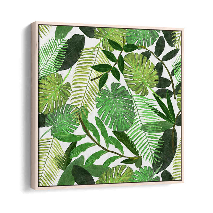 Oakwood GREEN TROPICAL WATERCOLOR LEAVES , FLORAL FLOWER PAINTINGS with layered palm and monstera watercolor leaves