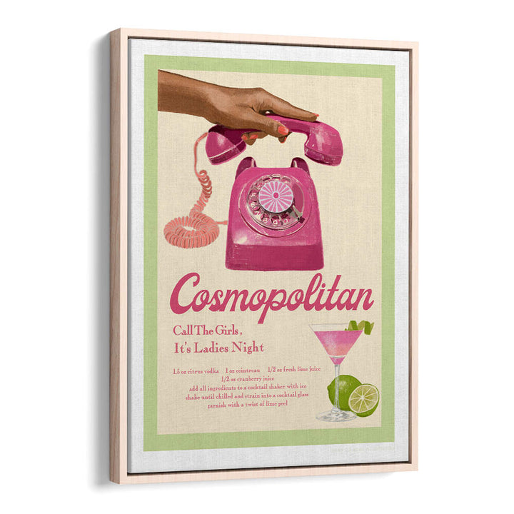 Colorful JLR COCKTAILS COSMOPOLITAN, FASHION POSTERS featuring a retro phone and cocktail recipe, perfect for stylish decor.