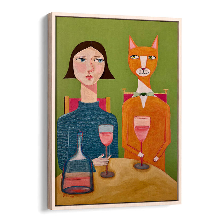LADY AND CAT DRINKING WINE  , PORTRAITS & FIGURATIVE ILLUSTRATIONS