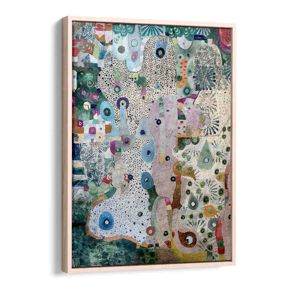 MIRRORS AND SPACE , ABSTRACT PAINTINGS — Oakwood floater frame abstract, layered texture, circular motifs, muted pastels
