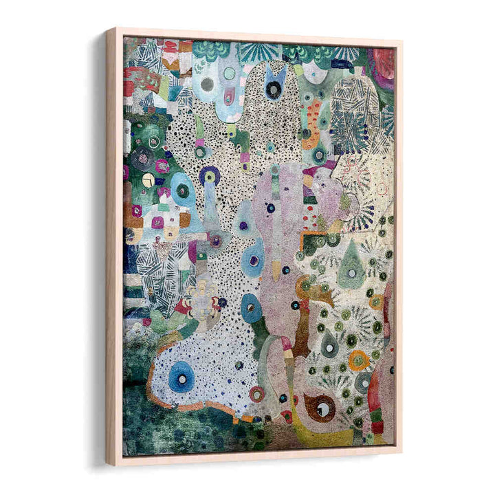 MIRRORS AND SPACE , ABSTRACT PAINTINGS — Oakwood floater frame abstract, layered texture, circular motifs, muted pastels