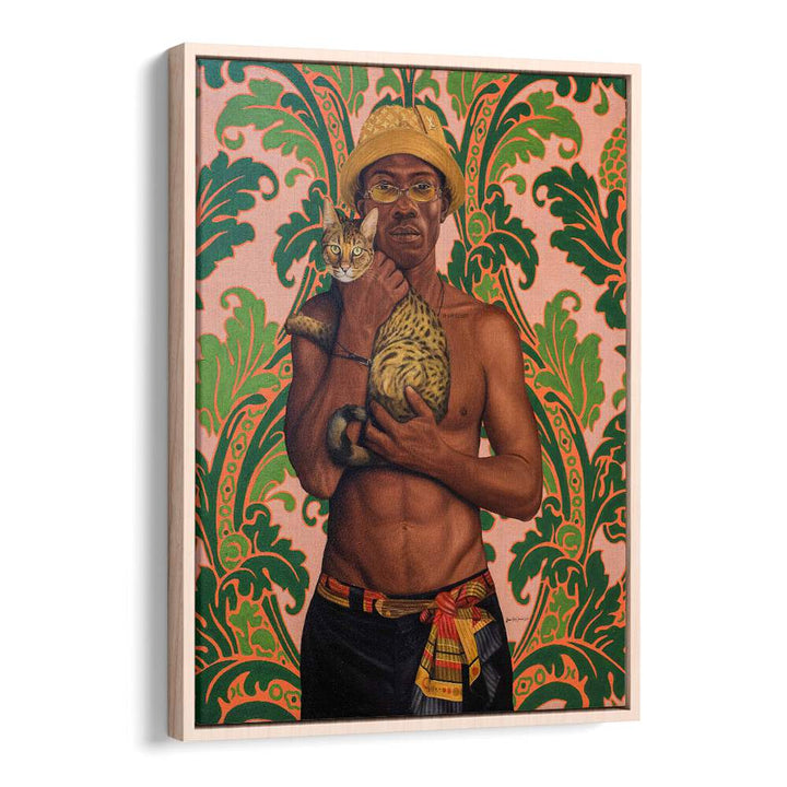 Vibrant MOOSA African Art Paintings showcasing rich culture, featuring a man with a cat against a bold backdrop.