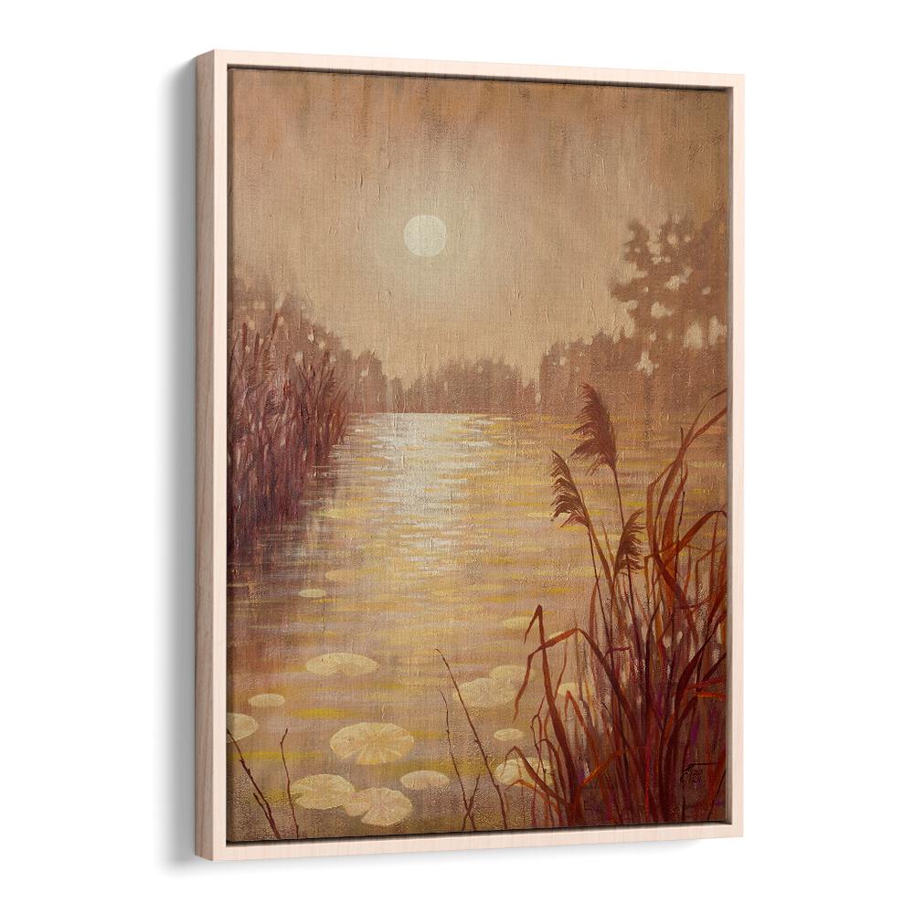 Pond with reeds at sunset, landscape paintings showcasing serene beauty, perfect for home or office decor.