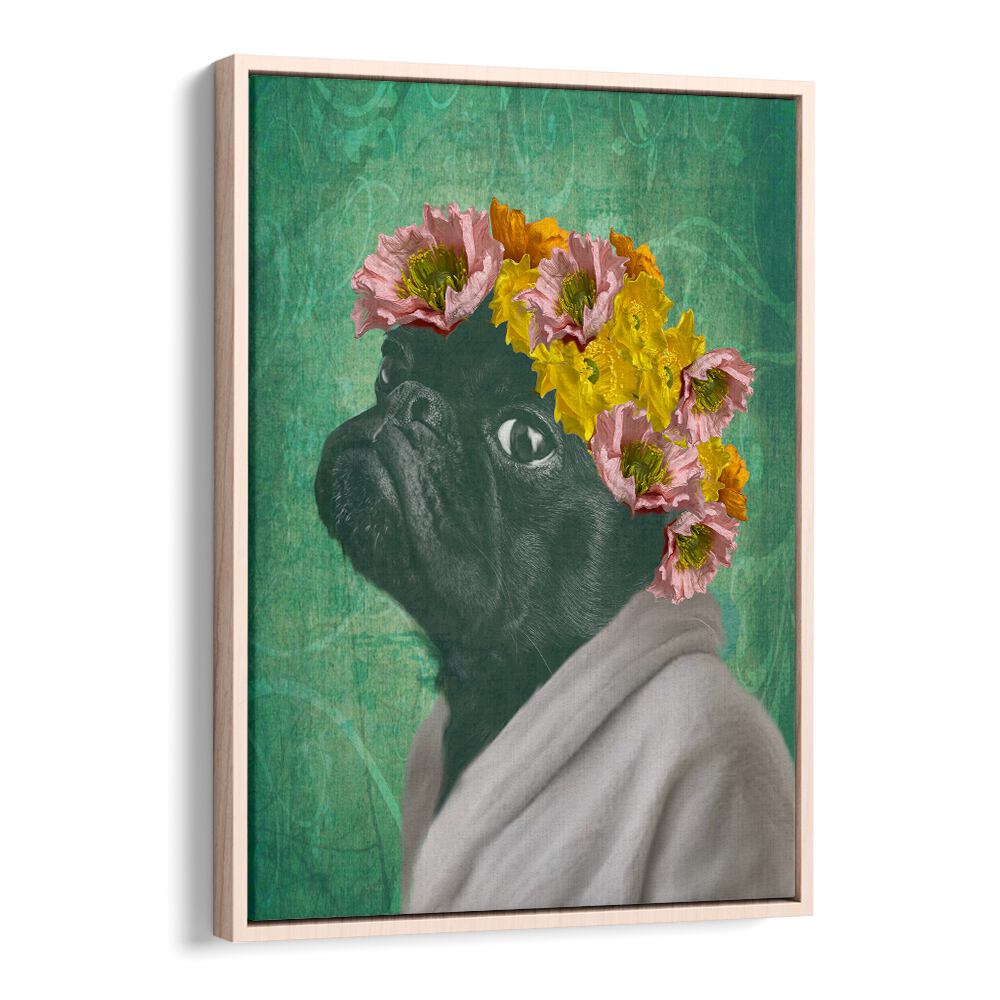Charming PUG PORTRAIT, FASHION POSTERS featuring a stylish pug with floral crown, perfect for dog lovers' decor.