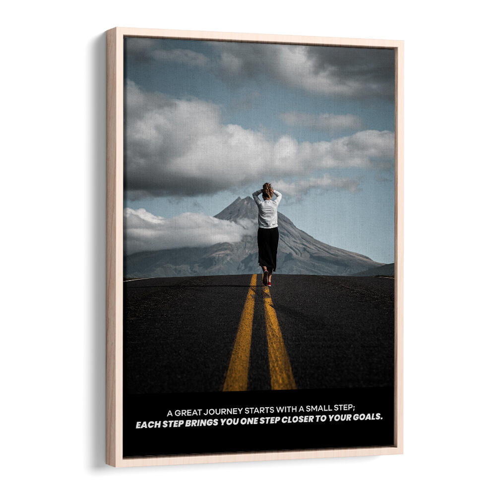 Oakwood Floater SMALL STEPS , QUOTES poster: a person walking a road toward mountains.