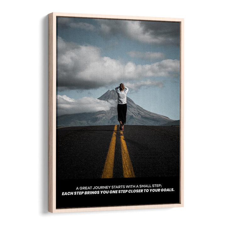 Oakwood Floater SMALL STEPS , QUOTES poster: a person walking a road toward mountains.