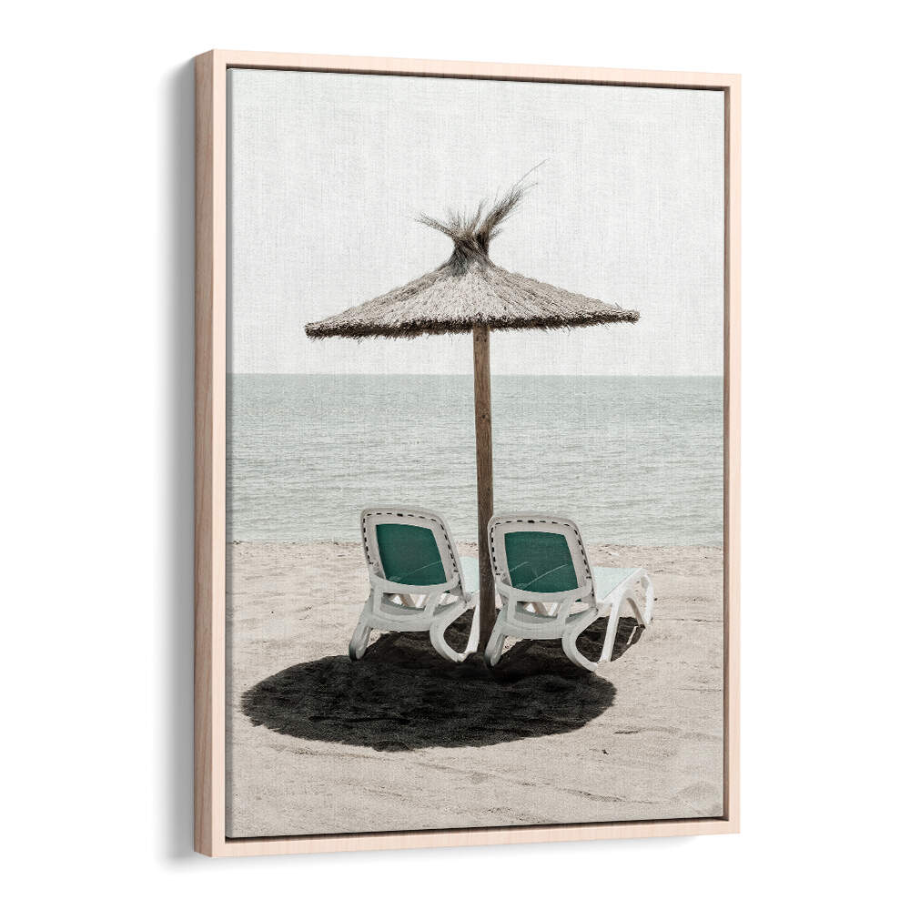 Serene SOLARIS II Beach Paintings featuring lounge chairs under a straw umbrella, perfect for coastal home decor.