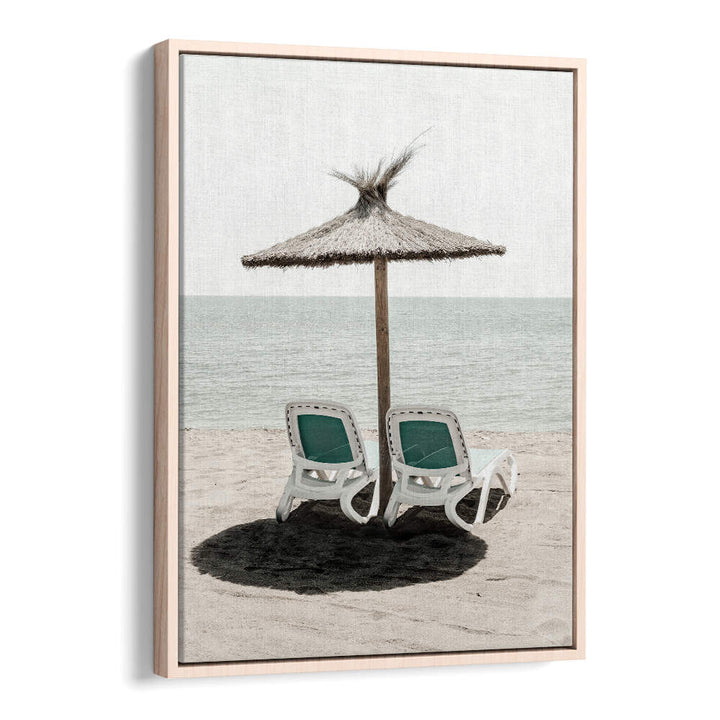 Serene SOLARIS II Beach Paintings featuring lounge chairs under a straw umbrella, perfect for coastal home decor.