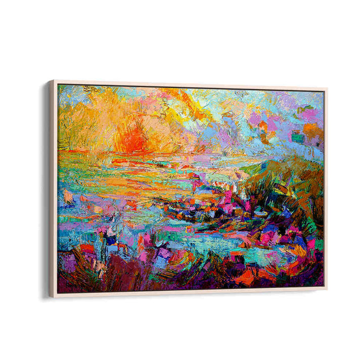 Oakwood SUNSET OVER , LANDSCAPE PAINTINGS featuring a vibrant, textured sunset coastal landscape in a light floater frame
