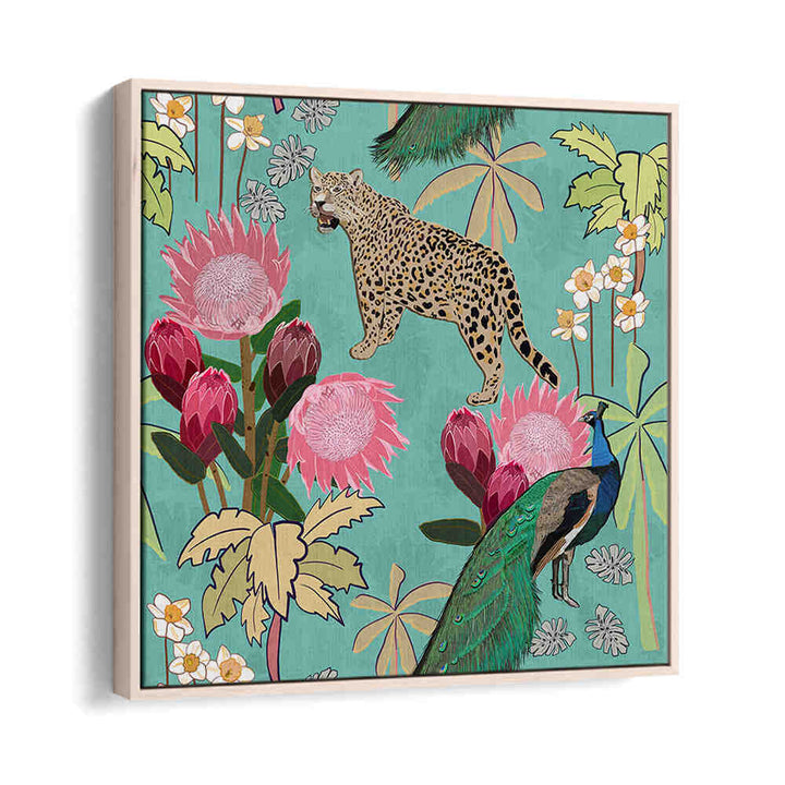 Oakwood framed TIGER AND PEACOCK , ANIMAL PAINTINGS: tiger and peacock with pink protea on teal background