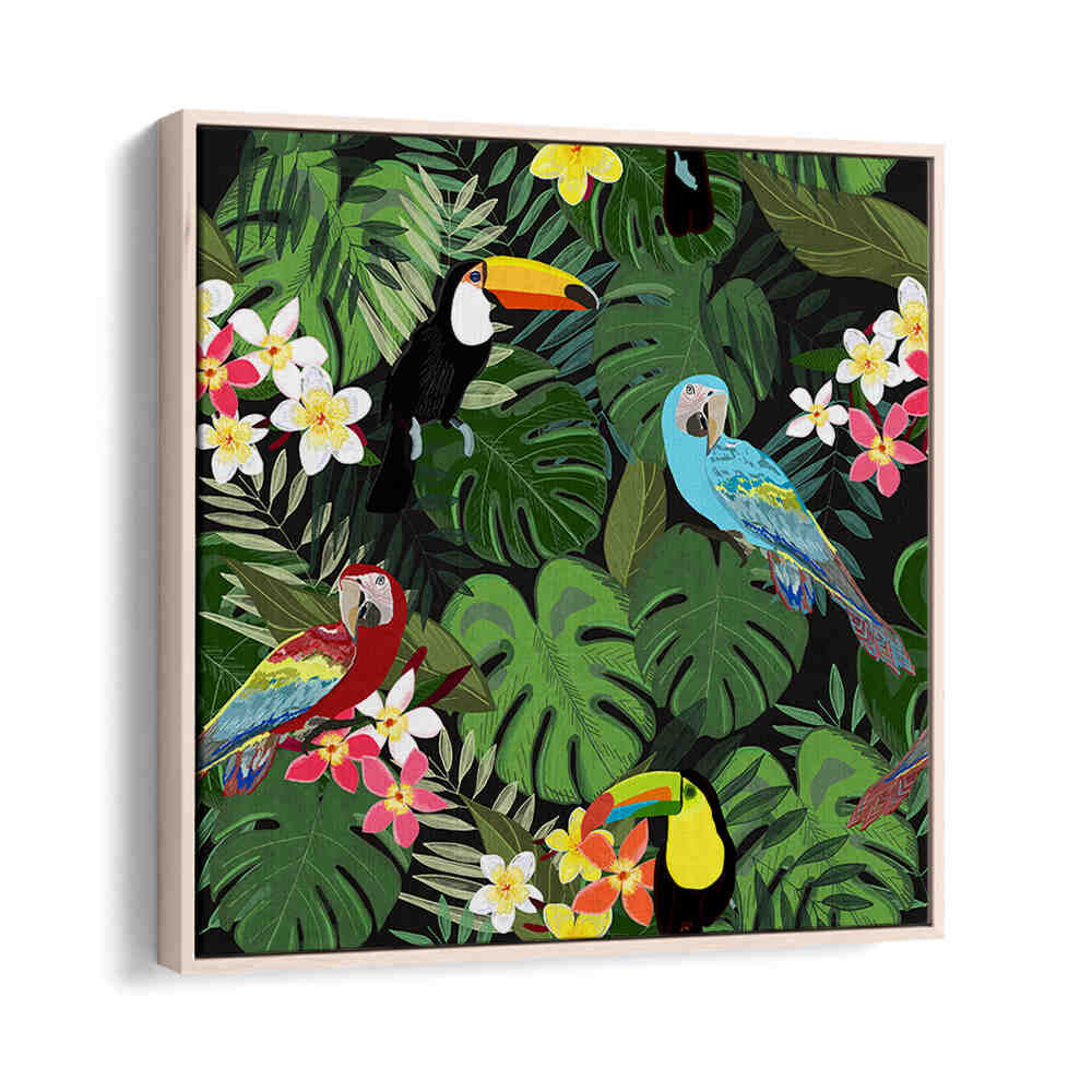 TROPICAL FOREST BLACK , ANIMAL PAINTINGS — Oakwood: parrots and toucans among tropical leaves and flowers on black
