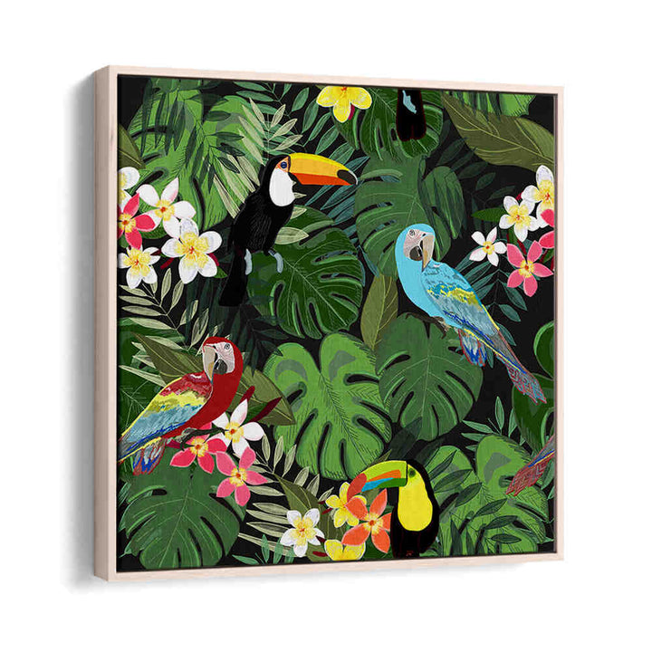 TROPICAL FOREST BLACK , ANIMAL PAINTINGS — Oakwood: parrots and toucans among tropical leaves and flowers on black