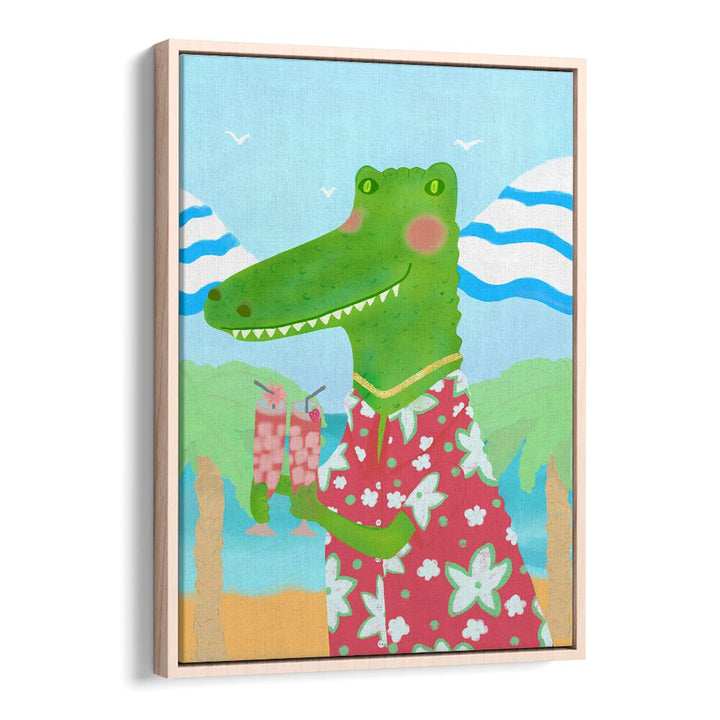Vibrant TROPICAL REFRESHMENTS, KIDS ROOM PAINTINGS featuring a playful crocodile with drinks in a tropical setting.