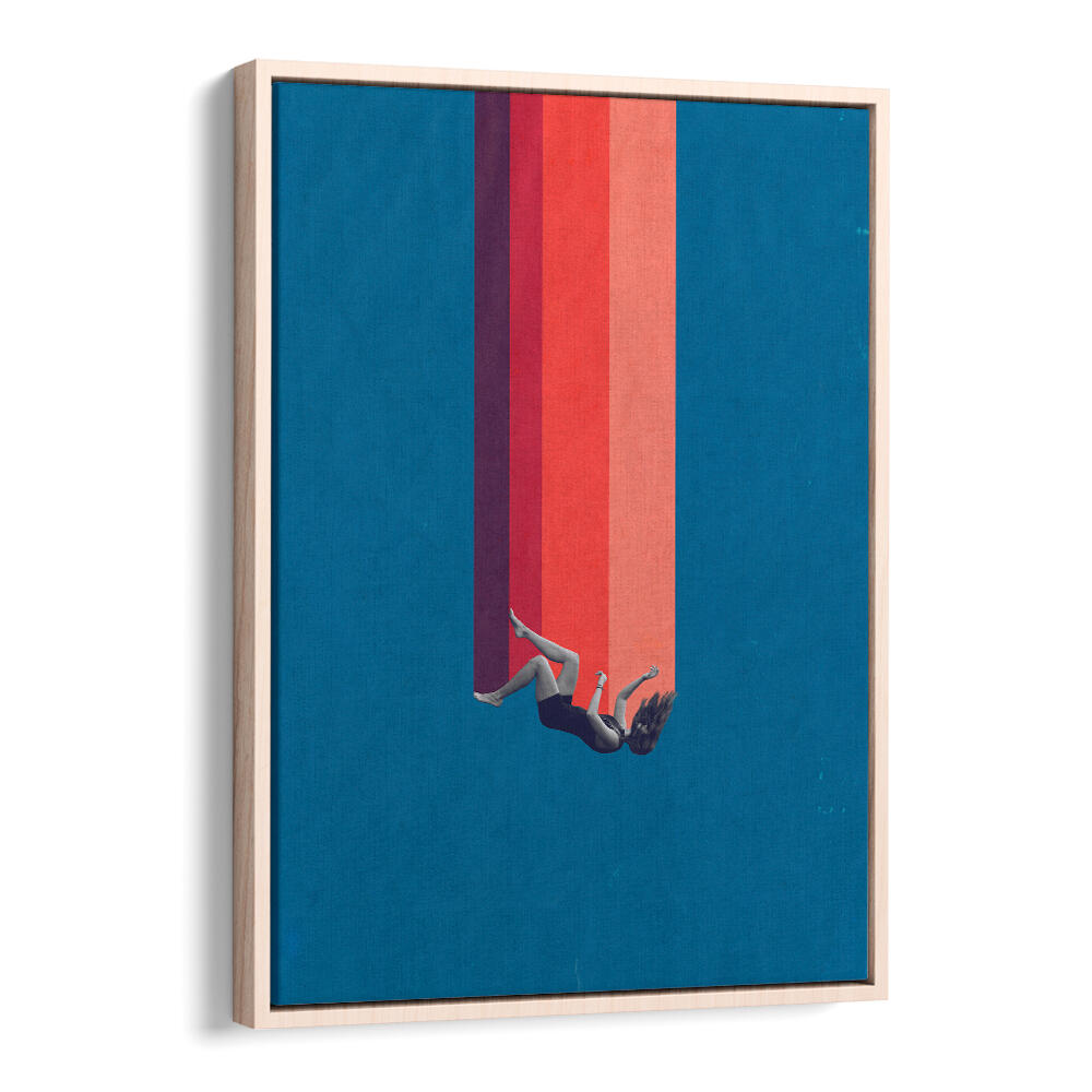 Surreal art print "FALLING LOVE" features a figure descending through vibrant colored stripes. Perfect for any modern decor.